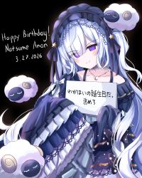  1girl absurdres bare_shoulders black_background black_ribbon blue_dress blue_hairband bow character_name closed_mouth crescent crescent_necklace dated dress dress_bow frilled_dress frilled_hairband frilled_sleeves frills gnoxiinguyen gothic_lolita hair_over_one_eye hair_ribbon hairband happy_birthday highres holding holding_sketchbook jewelry lolita_fashion lolita_hairband long_hair long_sleeves looking_at_viewer mahou_shoujo_no_majo_saiban natsume_an-an necklace off-shoulder_dress off_shoulder polka_dot polka_dot_bow ribbon simple_background sketchbook sleeve_bow sleeves_past_fingers sleeves_past_wrists smile solo stuffed_animal stuffed_sheep stuffed_toy upper_body violet_eyes white_hair wide_sleeves 