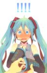  !! aqua_eyes aqua_hair blush detached_sleeves hatsune_miku headphones headset jewelry kl long_hair looking_at_viewer necktie pov proposal ring simple_background surprise surprised tears twintails vocaloid 