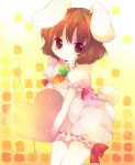  1girl ana_(rznuscrf) animal_ears brown_hair bunny_ears carrot heart inaba_tewi looking_at_viewer no_nose rabbit_ears red_eyes short_hair slit_pupils smile solo tail thigh_gap touhou 