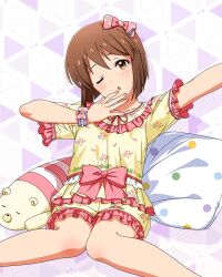  1girl :o bow brown_eyes brown_hair card_commentary commentary_request floral_print floral_print_shirt frilled_shirt frilled_shorts frills game_asset hagiwara_yukiho hair_bow happiness_roomwear_(idolmaster) head_tilt idolmaster idolmaster_(classic) idolmaster_million_live! idolmaster_million_live!_theater_days looking_at_viewer official_alternate_costume official_art one_eye_closed pajamas pillow pink_bow pink_trim print_shirt print_shorts shirt shirt_bow short_hair short_sleeves shorts sitting solo third-party_source yellow_shirt yellow_shorts 