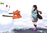  black_hair boots breath cold eating long_hair original purple_eyes scarf skirt snow snowman solo takao_(yuuki_maya) yuuki_maya 