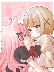  2girls ahoge animal_ears artist_request black_bow blush bow brown_eyes brown_hair capelet check_commentary commentary_request cowboy_shot dress eyebrows_hidden_by_hair frills hair_between_eyes hair_bow hair_ornament hair_ribbon hands_on_own_chest hidamari_sketch highres holding hood hoodie hug jacket kirara_fantasia licking light_frown long_hair long_sleeves looking_at_another looking_up magical_girl multiple_girls open_clothes open_mouth own_hands_together pink_background pink_hair pleated_skirt puffy_short_sleeves puffy_sleeves ribbon short_hair short_sleeves shy sidelocks simple_background skirt sleeves_past_wrists smile sugar_(kirara_fantasia) sweatdrop tongue tongue_out x_hair_ornament yuno_(hidamari_sketch) yuri 