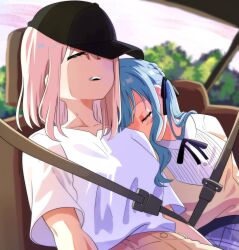  2girls absurdres bang_dream! bang_dream!_it's_mygo!!!!! black_hat black_ribbon blonde_hair blue_hair closed_eyes commentary hair_ribbon hat highres long_hair medium_hair misumi_uika multiple_girls open_mouth photo-referenced ribbon seatbelt short_sleeves sidelocks simple_background thunder_line togawa_sakiko untranslatable_commentary vehicle_interior 