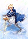  blonde_hair dress excalibur fate/stay_night fate_(series) green_eyes myp2_(artist) ribbon saber shouting solo sword weapon wind 
