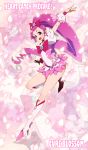  1girl character_name cure_blossom futari_wa_pretty_cure hanasaki_tsubomi heartcatch_precure! heartcatch_pretty_cure! highres long_hair magical_girl open_mouth pink pink_background pink_eyes pink_hair ponytail precure smile solo takanashi_ringo title_drop zoom_layer 