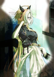  1girl ahoge animal_ears bag black_shirt blue_eyes blue_pants breasts closed_mouth clothes_around_waist commentary_request ear_covers handbag highres horse_ears horse_girl jacket long_hair looking_to_the_side medium_breasts multicolored_hair official_alternate_costume on_railing orange_hair orfevre_(umamusume) pants railing semi-rimless_eyewear shirt short_sleeves sunglasses two-tone_hair umamusume under-rim_eyewear white_hair white_jacket yue_(lov_n_n) 