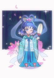  1girl alternate_costume blue_eyes blue_hair cha_xian chinese_clothes closed_mouth clothing_request commentary drill_hair drill_sidelocks falling_petals flower flower_request full_body hagoromo hair_flower hair_intakes hair_ornament hair_rings hair_stick hand_fan hanfu highres holding holding_fan jewelry kaku_seiga long_sleeves looking_at_viewer medium_hair necklace one_eye_closed pearl_necklace petals pink_flower pink_petals see-through_clothes see-through_shawl shawl sidelocks smile solo sparkle touhou wide_sleeves 