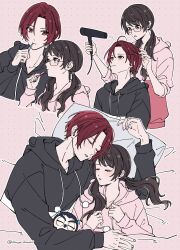 1boy 1girl black_hair black_hoodie brushing_teeth closed_eyes commentary_request glasses hair_dryer hetero highres holding holding_toothbrush hood hoodie ikuya_kawaii kamishiro_nagisa long_hair long_sleeves looking_at_another low_twintails lufel_(owl)_(p5x) lufel_(p5x) noge_tomoko pajamas persona persona_5 persona_5:_the_phantom_x pillow pink_background pink_hoodie pink_pajamas red_eyes red_hair short_hair simple_background sleeping toothbrush twintails violet_eyes 