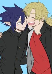  2boys amajiki_tamaki black_jacket black_pants blue_background blue_hair boku_no_hero_academia buttons closed_eyes closed_mouth commentary_request cowboy_shot crew_neck double-parted_bangs gakuran hair_between_eyes hand_on_another's_shoulder jacket long_pointy_ears male_focus multiple_boys open_clothes open_jacket open_mouth pants parted_bangs parted_hair pointy_ears ponytail red_shirt round_teeth school_uniform shirt simple_background smile spiky_hair tama4664amat teeth togata_mirio upper_teeth_only 