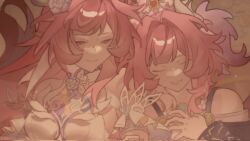  2girls breasts closed_eyes coat commentary cyrene_(demiurge)_(honkai:_star_rail) cyrene_(honkai:_star_rail) cyrene_(philia093)_(honkai:_star_rail) dress dual_persona ens104 highres honkai:_star_rail honkai_(series) jewelry large_breasts long_hair multicolored_hair multiple_girls necklace pink_hair pointy_ears purple_coat smile two-tone_hair very_long_hair violet_eyes white_dress white_hair 