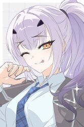  1girl 9g0_00 alternate_costume blazer commentary fate/grand_order fate_(series) grey_hair jacket looking_at_viewer melusine_(fate) necktie orange_eyes school_uniform smile solo untranslatable_commentary 