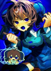  1girl ahoge anta_ni_itenno_(utau) blue_background blue_dress blue_eyes blue_horns blue_thighhighs brown_hair chibi chibi_inset dress halftone halftone_background hammer hands_up highres holding holding_hammer horns looking_at_viewer open_mouth solo sweatdrop tearing_up thigh-highs tikuwa_53 zettai_ryouiki 