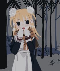  1girl apron black_dress black_eyes blonde_hair dress flesh_blood_&amp;_concrete hair_ornament hair_scrunchie long_hair long_sleeves mittens nabob nika_(flesh_blood_&amp;_concrete) open_mouth plaid_clothes plaid_scarf scarf school_uniform scrunchie solo soviet_school_uniform steam_from_mouth two_side_up white_apron white_mittens white_scrunchie 