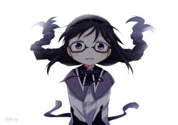  akemi_homura akemi_homura_(magical_girl) black_hair braid capelet commentary_request dated floating_hair glasses highres itou_(ankocha-mgmg) long_hair long_sleeves looking_at_viewer magical_girl mahou_shoujo_madoka_magica mahou_shoujo_madoka_magica_(anime) purple_capelet red-framed_eyewear shirt simple_background twin_braids twitter_username violet_eyes white_background white_shirt 