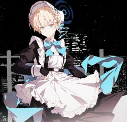  1girl absurdres apron black_dress blonde_hair blue_archive blue_eyes blue_halo blue_ribbon bow bowtie cityscape closed_mouth collared_dress commentary cowboy_shot dress frilled_dress frills halo highres juliet_sleeves layered_dress long_sleeves looking_at_viewer maboroshi_(freeze000) maid maid_apron night puffy_sleeves ribbon short_hair solo toki_(blue_archive) untranslatable_commentary 
