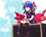  book boots candy horns hzl lollipop mouth_hold multicolored_hair red_eyes short_hair sitting solo swirl_lollipop tokiko_(touhou) touhou two-tone_hair wings zoom_layer 