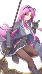  1girl black_ribbon coat commentary curtained_hair duku_(hus7788950) eiyuu_densetsu hair_ribbon highres holding holding_scythe holding_weapon kuro_no_kiseki_(series) kuro_no_kiseki_i kuro_no_kiseki_ii long_hair necktie parted_bangs plaid_clothes plaid_necktie puritan_collar purple_hair renne_(eiyuu_densetsu) ribbon scythe smile thigh-highs untranslatable_commentary weapon white_background yellow_eyes 