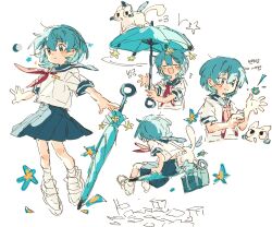 1girl aged_down ascot bag blue_hair blush_stickers commentary_request highres holding holding_umbrella hololive hoshimachi_suisei konpan_00 korean_commentary korean_text multiple_views pleated_skirt red_ascot sailor_collar school_bag school_uniform serafuku simple_background sketch skirt star_(symbol) takoyaki_(hoshimachi_suisei) translation_request umbrella white_background 