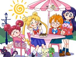  4girls bishoujo_senshi_sailor_moon black_cat blush cat chair character_request commentary crescent crescent_facial_mark crossover double_bun eating english_commentary facial_mark food food_on_face genre_connection goomy_life hair_bun hair_ornament happy harukaze_doremi highres knee_blush luna_(sailor_moon) multiple_girls musical_note musical_note_hair_ornament ojamajo_doremi on_chair outdoors pet precure school_uniform sky sun tongue tongue_out tsukino_usagi umbrella white_sky 