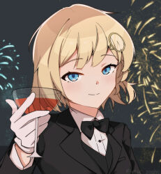  1girl alcohol alternate_costume black_shirt black_suit closed_mouth cup drinking_glass ee-zy gloves highres holding holding_cup hololive hololive_english looking_at_viewer shirt short_hair smile solo suit tuxedo_shirt virtual_youtuber watson_amelia white_gloves wine wine_glass 