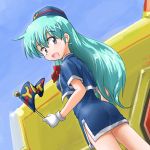  flag green_hair legs long_hair miniskirt short_dress skirt smile stewardess tenjouin_katsura thighs 