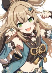  1girl :d bell blonde_hair cat_girl cat_tail commentary detached_sleeves fang genshin_impact green_eyes hair_ornament hairclip highres japanese_clothes jingle_bell kirara_(genshin_impact) long_hair looking_at_viewer midriff multiple_tails nanojade navel nekomata open_mouth paw_pose skin_fang sleeveless smile solo stomach tail tassel two_tails untranslatable_commentary upper_body white_background 