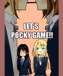  4girls akiyama_mio black_hair blazer blonde_hair blue_eyes blush brown_hair engrish hime_cut hirasawa_yui k-on! kotobuki_tsumugi long_hair meno mouth_hold multiple_girls o_o pocky pocky_kiss ranguage school_uniform shared_food short_hair tainaka_ritsu yuri 