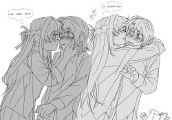  2girls @_@ adachi_sakura adachi_to_shimamura blush braid collared_shirt commentary english_commentary english_text greyscale half_up_braid heart highres hug kiss kissing_cheek long_hair medium_hair monochrome multiple_girls school_uniform scribdot sendai_hazuki shirt shuuniichido_classmate_wo_kau_hanashi speech_bubble yuri 