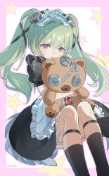  1girl absurdres apron black_boots black_dress boots border commentary_request corin_wickes dress feet_out_of_frame green_hair hair_between_eyes highres hugging_doll hugging_object knee_boots knees_up kurihara_junichi long_hair looking_at_viewer maid maid_apron maid_headdress pink_border puffy_short_sleeves puffy_sleeves screw_hair_ornament short_sleeves simple_background smile solo star_(symbol) stuffed_animal stuffed_toy teddy_bear twintails violet_eyes white_apron zenless_zone_zero 