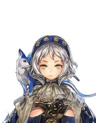  1girl animal animal_on_shoulder another_eden another_eden_art_team ascot black_dress black_gloves blue_cloak blue_coat blush breasts cloak closed_mouth coat creature crossed_arms dress fingerless_gloves fox gloves headband huge_weapon large_variant_set layered_clothes looking_at_viewer lowres melina_(another_eden) official_art short_hair simple_background small_breasts smile standing tachi-e third-party_source transparent_background upper_body variant_set weapon white_ascot white_hair yellow_eyes 