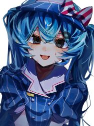  1girl blue_hair blue_hat blue_shirt bow coin coin_on_string grey_eyes hat hatsune_miku highres hypnosis mesmerizer_(vocaloid) mind_control open_mouth shirt solo striped_bow striped_clothes striped_shirt sweatdrop tikuwa_53 twintails vertical-striped_clothes vertical-striped_shirt visor_cap vocaloid 