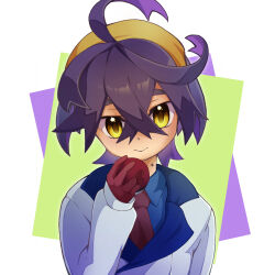  1boy ahoge black_hair blue_shirt closed_mouth collared_shirt commentary_request crossed_bangs gloves hair_between_eyes hairband hand_up highres holding holding_poke_ball jacket kieran_(pokemon) long_sleeves looking_at_viewer male_focus mio_eve mole mole_on_neck necktie poke_ball poke_ball_(basic) pokemon pokemon_scarlet_and_violet red_gloves red_necktie shirt smile solo upper_body yellow_hairband 