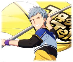  1boy asch_albright blue_hair flag grey_hair grin helios_rising_heroes holding holding_flag long_sleeves looking_at_viewer male_focus non-web_source official_art orange_eyes shirt short_hair short_sleeves smile solo sportswear sweatband teeth transparent_background upper_body v-shaped_eyebrows wristband 