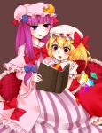  bad_id blonde_hair book bow crescent demon_wings dress flandre_scarlet hair_ribbon hat multiple_girls neko-san_(artist) neko-san_(dim.dream) open_mouth patchouli_knowledge purple_hair reading red_eyes ribbon sitting touhou wings 