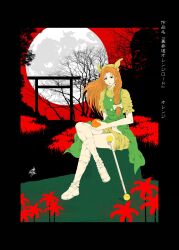  1girl bow character_name crossed_legs dress flower food fruit full_moon green_dress hair_bow hat highres holding holding_food holding_fruit kneehighs long_hair looking_at_viewer moon open_mouth orange_(fruit) orange_(touhou) orange_hair shirt shoes shorts signature sitting socks spider_lily torii touhou touhou_(pc-98) translation_request twirl_baton white_bow white_shoes white_socks yamada_satoshi yellow_hat yellow_shirt yellow_shorts 