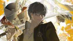  1boy commentary glasses grey_eyes grey_hair highres holding holding_weapon izanagi_(persona_4) long_sleeves looking_at_viewer male_focus mygiorni narukami_yu persona persona_(summon) persona_4 persona_4_revival school_uniform short_hair sword weapon yasogami_school_uniform 