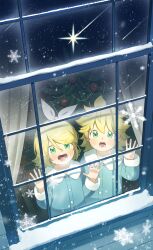  1boy 1girl absurdres aged_down antenna_hair blonde_hair blush bon_bon_eee bow bow_hairband christmas christmas_ornaments christmas_tree collared_shirt commentary_request contrast_collar curtains double-parted_bangs dress_shirt from_above from_outside green_eyes hair_between_eyes hairband highres kagamine_len kagamine_rin long_sleeves looking_at_viewer medium_hair open_mouth pajamas parted_bangs reflection shirt shooting_star sidelocks snow snowflakes snowing teeth vocaloid white_bow white_hairband window 