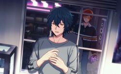  2boys black_gloves black_hair blue_hair fingernails flower game_asset glasses gloves gray_reverse grey_shirt hair_between_eyes helios_rising_heroes highres holding holding_flower indoors long_sleeves lower_teeth_only male_focus multiple_boys non-web_source official_art open_mouth orange_eyes orange_hair pants self-datamine shirt short_hair sweatdrop teeth tinted_eyewear upper_body zipper 