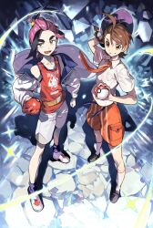  1boy 1girl black_hair black_shoes brown_eyes brown_hair commentary english_commentary gloves grin hand_on_headwear hat highres holding holding_poke_ball jacket juliana_(pokemon) kieran_(pokemon) knifedragon looking_at_viewer multicolored_hair necktie open_mouth pink_hair poke_ball poke_ball_(basic) pokemon pokemon_scarlet_and_violet purple_hat red_gloves red_necktie red_shirt shirt shoes short_hair short_sleeves single_glove smile standing two-tone_hair white_jacket white_shirt white_shoes yellow_eyes 