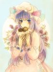  chocolate dress embarrassed flower hat heart highres holding long_hair patchouli_knowledge purple_hair ribbon rose solo sugi touhou 