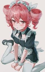  1girl alternate_costume apron ayafu between_legs black_dress black_shoes blush clenched_hands crossed_bangs double-parted_bangs dress drill_hair foot_out_of_frame frilled_apron frilled_dress frilled_headwear frills from_above hair_between_eyes hair_ribbon hand_between_own_legs highres kasane_teto maid maid_apron maid_headdress open_mouth puffy_sleeves red_eyes red_hair ribbon shoes short_hair short_sleeves sidelocks simple_background sitting solo sweat thigh-highs translation_request twin_drills utau wariza white_apron white_background white_ribbon white_thighhighs white_wrist_cuffs wrist_cuffs 