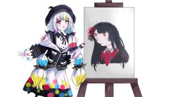  1girl absurdres beret black_hat black_jacket bow canvas_(object) child's_drawing collared_shirt colored_tips doodle_inset gnoxiinguyen hair_bow hat heterochromia highres holding holding_paintbrush jacket jacket_partially_removed jogasaki_noah long_hair long_sleeves looking_at_viewer mahou_shoujo_no_majo_saiban multi-tied_hair multicolored_hair neck_ribbon nikaido_hiro off_shoulder open_mouth paintbrush polka_dot polka_dot_bow polka_dot_skirt red_eyes ribbon shirt simple_background skirt sleeve_bow smile solo streaked_hair white_background white_hair white_shirt wide_sleeves yellow_eyes 