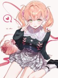  1girl :d absurdres bag black_cardigan black_shoes breasts cardigan collared_shirt commentary cropped_cardigan dkou foot_out_of_frame frilled_shirt_collar frills green_eyes grey_skirt hair_ribbon heart highres hinoshita_kaho hinoshita_kaho_(birthday_jirai_kei) long_sleeves looking_at_viewer love_live! love_live!_hasu_no_sora_jogakuin_school_idol_club medium_breasts medium_hair miniskirt open_mouth orange_hair pink_bag pink_ribbon plaid_clothes plaid_skirt procreate_(medium) ribbon shirt shoes simple_background skirt smile socks solo speech_bubble spoken_heart twitter_username untranslatable_commentary v virtual_youtuber white_background white_shirt white_socks 