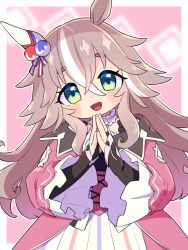  1girl absurdres animal_ears blue_eyes blush breasts choker coat commentary_request dress ear_covers frilled_choker frills grey_hair hair_between_eyes highres horse_ears horse_girl jacket long_hair looking_at_viewer multicolored_hair open_mouth pink_coat pink_dress pink_jacket single_ear_cover smile solo steepled_fingers streaked_hair sumikawa_(sumikawa8v) umamusume wonder_acute_(butterfly_sting)_(umamusume) wonder_acute_(umamusume) 