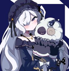  1girl bare_shoulders black_ribbon blue_background blue_dress blue_hairband bow closed_mouth crescent crescent_necklace dress dress_bow frilled_dress frilled_hairband frilled_sleeves frills gothic_lolita hair_over_one_eye hair_ribbon hairband highres jewelry lolita_fashion lolita_hairband long_hair long_sleeves looking_at_viewer mahou_shoujo_no_majo_saiban natsume_an-an necklace nobuo_gotou off-shoulder_dress off_shoulder polka_dot polka_dot_bow ribbon sleeve_bow sleeves_past_fingers sleeves_past_wrists solo stuffed_animal stuffed_sheep stuffed_toy upper_body violet_eyes white_hair wide_sleeves 