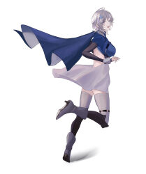  1girl absurdres azur_lane blue_cape boots cape commentary_request epaulettes fangs film_grain fish_hair_ornament full_body grey_boots grey_eyes grey_hair hair_ornament high_heel_boots high_heels highres light_blush mikai_2035 open_mouth seattle_(azur_lane) short_hair simple_background solo white_background 
