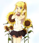  bad_id bare_shoulders blonde_hair blue_eyes flower fullmetal_alchemist ponytail riru skirt solo sunflower tank_top winry_rockbell 