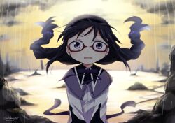  akemi_homura akemi_homura_(magical_girl) black_hair braid capelet clouds commentary_request dated floating_hair glasses highres itou_(ankocha-mgmg) long_hair long_sleeves looking_at_viewer magical_girl mahou_shoujo_madoka_magica mahou_shoujo_madoka_magica_(anime) outdoors purple_capelet rain red-framed_eyewear shirt simple_background sky twin_braids twitter_username violet_eyes white_background white_shirt yellow_sky 