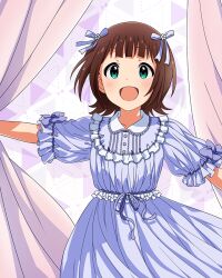  1girl :d amami_haruka brown_hair card_commentary commentary_request cowboy_shot curtains dress fairy_tale_girly_(idolmaster) frilled_dress frilled_sleeves frills game_asset green_eyes hair_ribbon idolmaster idolmaster_(classic) idolmaster_million_live! idolmaster_million_live!_theater_days looking_at_viewer official_alternate_costume official_art open_mouth pajamas purple_dress purple_ribbon ribbon short_hair short_sleeves smile solo standing third-party_source 