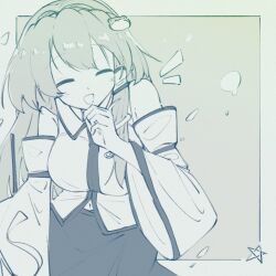 1girl :d bare_shoulders blush breasts clenched_hand closed_eyes detached_sleeves english_commentary frog_hair_ornament hair_ornament hair_tubes hand_to_own_mouth highres kochiya_sanae large_breasts laughing long_hair monochrome navel nazawa_(nother) nontraditional_miko open_mouth shirt single_hair_tube skirt sleeveless sleeveless_shirt smile snake_hair_ornament solo touhou wide_sleeves 